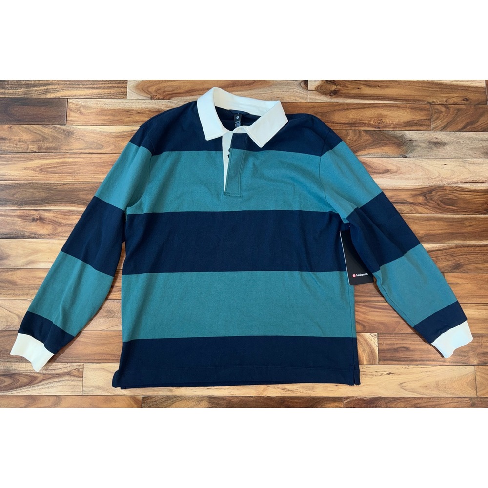 Lululemon Mens Long-Sleeve Cotton Rugby Shirt Navy Teal Striped Med NWT